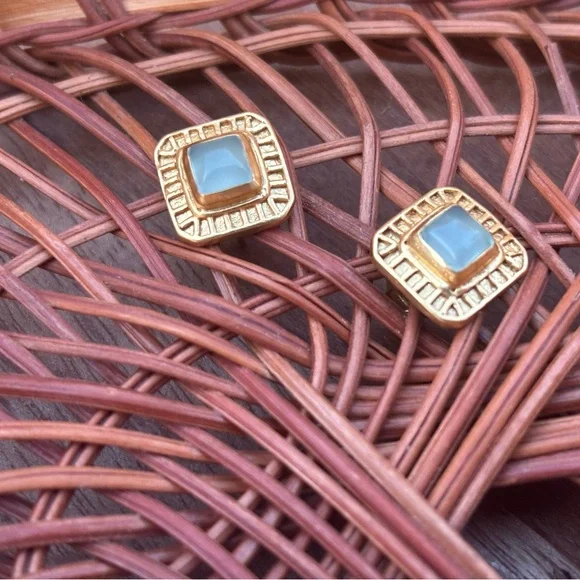 JULIE VOS Aquamarine Gemstone and Gold Square Earrings with Greek Key Design - Picture 2 of 5